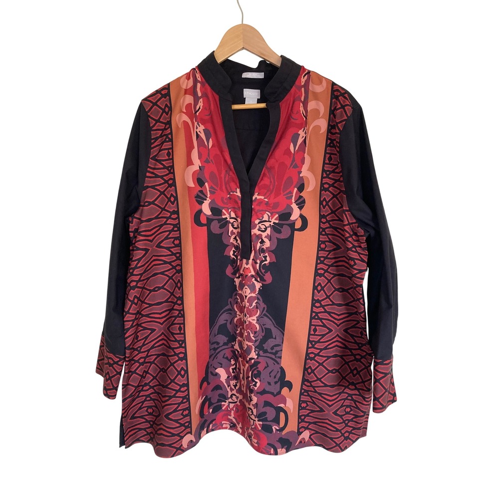 Chicos No-Iron Chic Stretch Tunic Top Black Red Geometric Print Size 4 US 20